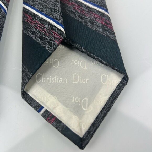 Christian Dior Monsieur VTG Diagonal Striped Gray Blue Red Tie - Picture 9 of 14